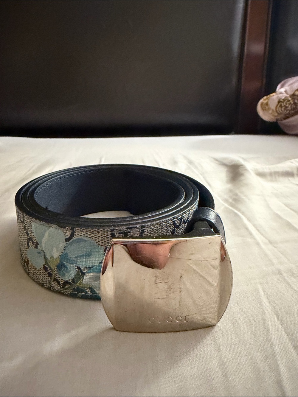 Gucci Blue Floral Canvas and Black Leather Belt with Gold Buckle